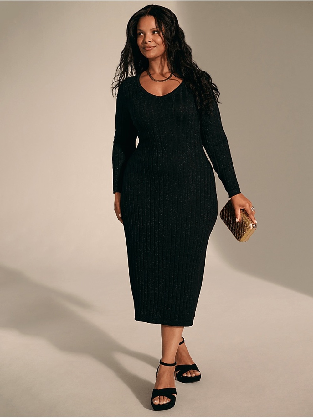 Lane Bryant Black Ribbed Long-Sleeve Scoop Midi Dress
